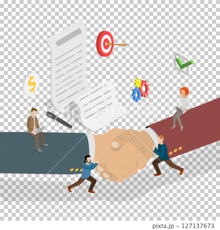3D Isometric Flat  Illustration of Business Deal, Handshake, a Formal Agreement Between Partners 127137673