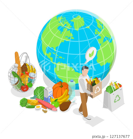 3D Isometric Flat  Illustration of Eco Friendly Shopping, Promoting Environmental Sustainability 127137677