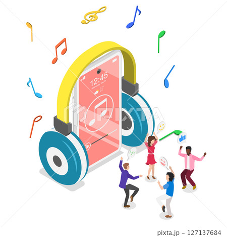 3D Isometric Flat  Illustration of Music Phone App, Feeling the Melody 127137684