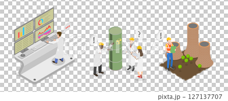 3D Isometric Flat  Illustration of Nuclear Energy, Power Generation Plant 127137707