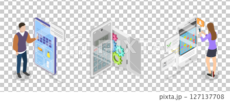 3D Isometric Flat  Illustration of Useful Mobile Apps, Popular Applications 127137708