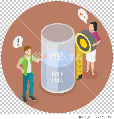3D Isometric Flat  Illustration of Optimist And Pessimist, Half Full and Half Empty Glass 127137719