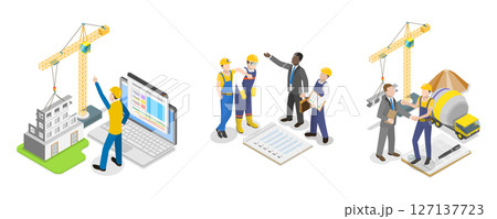 3D Isometric Flat  Illustration of Construction Workers , Building Industry 127137723