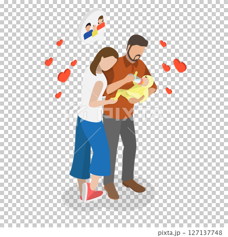 3D Isometric Flat Illustration of Happy Young Parents, Newborn Baby 3D Isometric Flat Illustration of Happy Young Parents, Newborn Baby 127137748