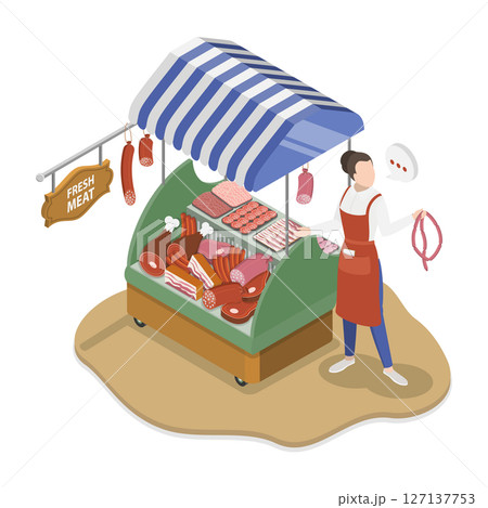 3D Isometric Flat Illustration of Fresh Meat Store, Butcher Shop 3D Isometric Flat Illustration of Fresh Meat Store, Butcher Shop 127137753