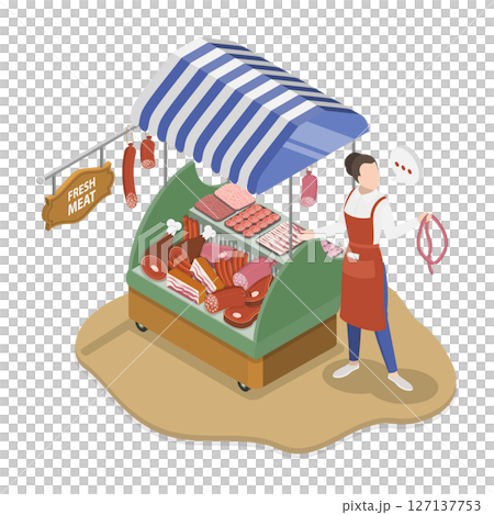 3D Isometric Flat  Illustration of Fresh Meat Store, Butcher Shop 127137753
