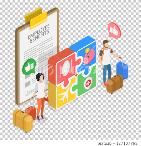 3D Isometric Flat  Illustration of Employee Benefits Package, Implementing Essential Workplace Perks For Employees 127137765