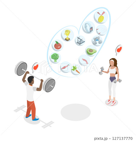 3D Isometric Flat Illustration of Healthy Lifestyle, Balanced Diet And Regular Exercises 3D Isometric Flat Illustration of Healthy Lifestyle, Balanced Diet And Regular Exercises 127137770