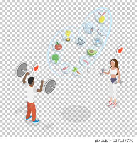 3D Isometric Flat Illustration of Healthy Lifestyle, Balanced Diet And Regular Exercises 3D Isometric Flat Illustration of Healthy Lifestyle, Balanced Diet And Regular Exercises 127137770