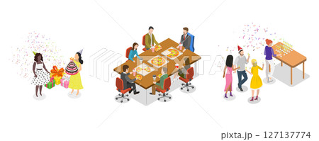 3D Isometric Flat  Illustration of Office Team Events, People Having Fun 127137774