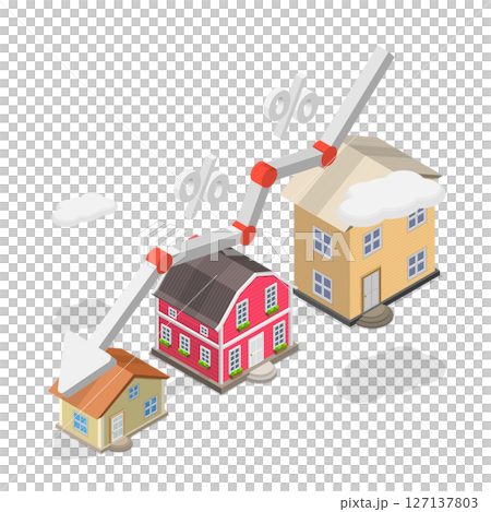 3D Isometric Flat  Illustration of Real Estate Investment Risks, Fluctuations In Housing Prices 127137803
