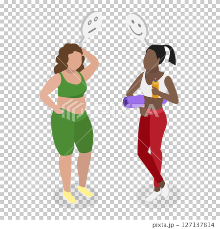 3D Isometric Flat  Illustration of Female Fitness Trainer, Before and After Losing Weight 127137814