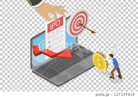 3D Isometric Flat  Illustration of Initial Public Offering, IPO, Launch and Strategy of Public Stock 127137819