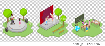3D Isometric Flat  Illustration of Summer Vacation Camps, Hobbies and Performance 3D Isometric Flat  Illustration of Summer Vacation Camps, Hobbies and Performance 127137825