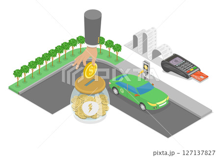 3D Isometric Flat  Illustration of EV Tax, Government Support 127137827