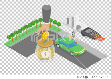 3D Isometric Flat  Illustration of EV Tax, Government Support 127137827