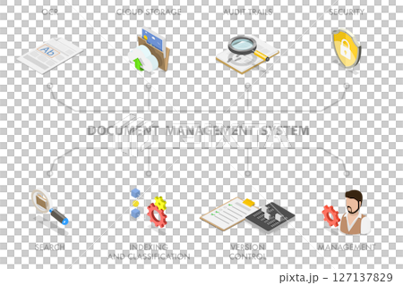3D Isometric Flat  Illustration of Document Management System Banner, File Manager, Data Storage 127137829