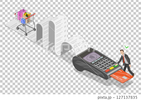 3D Isometric Flat  Illustration of Grocery Contactless payment, POS Terminal with NFC Technology 127137835