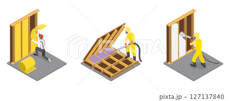 3D Isometric Flat  Illustration of Spray Foam Insulation, Construction Service, House Renovation 127137840