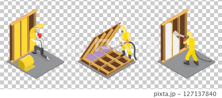 3D Isometric Flat  Illustration of Spray Foam Insulation, Construction Service, House Renovation 127137840