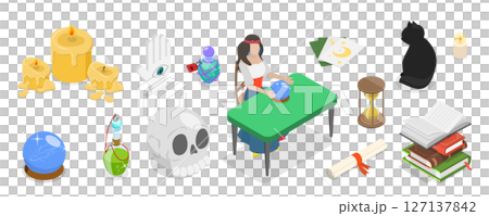 3D Isometric Flat Set of Fortune Teller, Crystal Ball And Candles 3D Isometric Flat Set of Fortune Teller, Crystal Ball And Candles 127137842