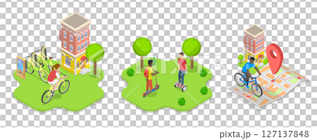 3D Isometric Flat  Illustration of Urban Transportation, Eco Friendly Transport 127137848