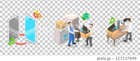 3D Isometric Flat  Illustration of Green Disposal, E-waste Recycling 127137849