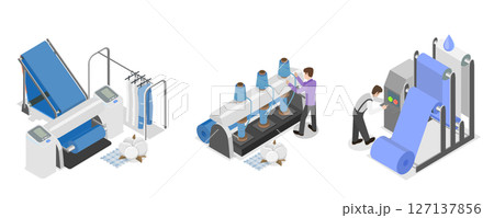3D Isometric Flat  Illustration of Textile Manufacturing, Machinery and Equipment 127137856