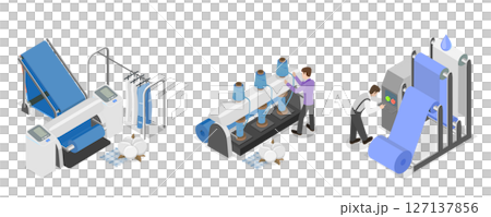 3D Isometric Flat  Illustration of Textile Manufacturing, Machinery and Equipment 127137856