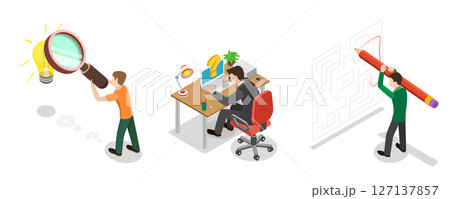 3D Isometric Flat  Illustration of Searching for Idea, Navigation Through Maze Leads to Discovering Solution 127137857