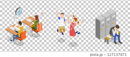 3D Isometric Flat  Illustration of Educational Exams, University Students Life 127137871