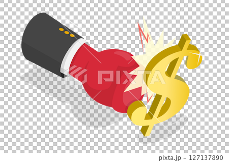 3D Isometric Flat Illustration of De-dollarization, Businessman With Boxing Glove Punching Dollar Sign 3D Isometric Flat Illustration of De-dollarization, Businessman With Boxing Glove Punching Dollar Sign 127137890