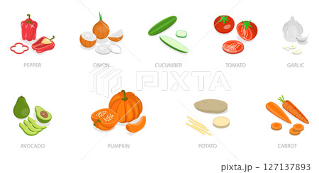 3D Isometric Flat  Set of Fresh Sliced Vegetables, Healthy Food 127137893