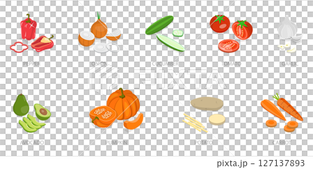 3D Isometric Flat  Set of Fresh Sliced Vegetables, Healthy Food 127137893