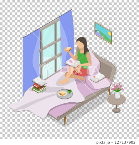 3D Isometric Flat  Illustration of Literature Fan, Resting and Reading a Book at Home 127137902