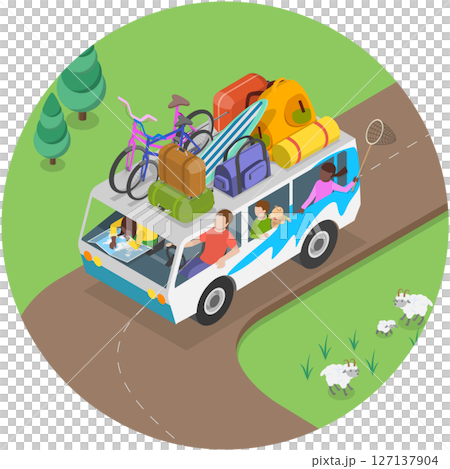 3D Isometric Flat  Illustration of Happy Family Trip, Camping and Adventure On The Road 127137904