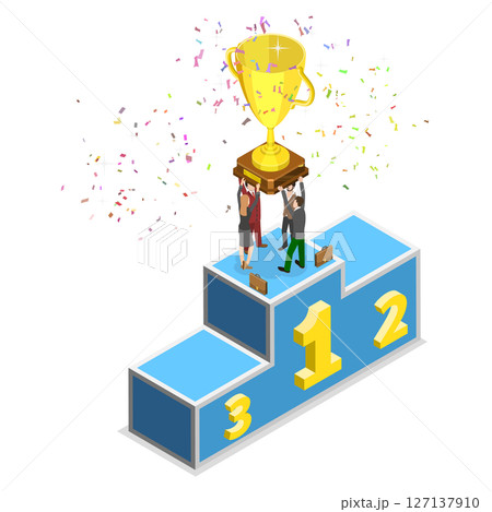 3D Isometric Flat  Illustration of Achievement, Success and Business Goal, Victory With Winning Trophy 127137910
