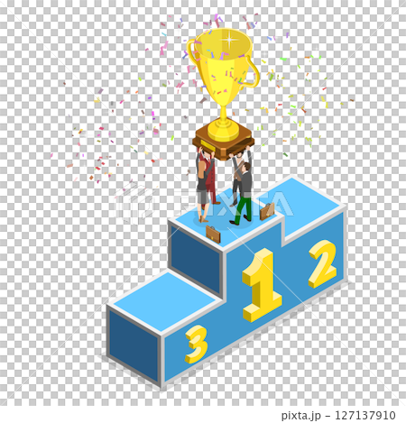 3D Isometric Flat  Illustration of Achievement, Success and Business Goal, Victory With Winning Trophy 127137910
