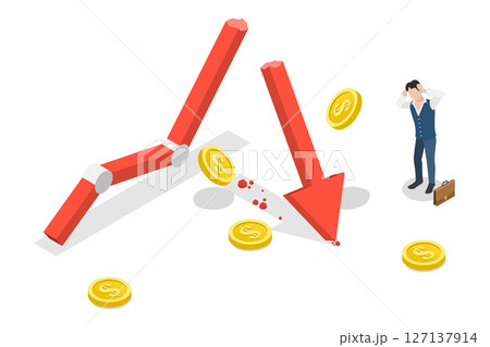 3D Isometric Flat  Illustration of Financial Instability, Stock Market Crash 127137914
