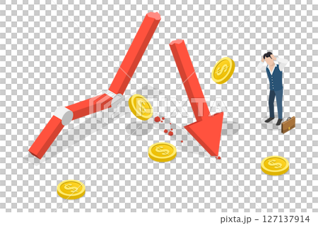 3D Isometric Flat  Illustration of Financial Instability, Stock Market Crash 127137914