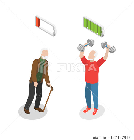 3D Isometric Flat  Illustration of Active And Inactive Person in Old Age, Happy and Healthy Aging 127137918