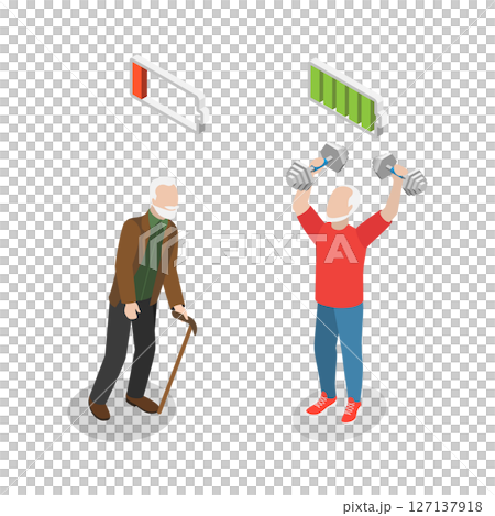 3D Isometric Flat  Illustration of Active And Inactive Person in Old Age, Happy and Healthy Aging 127137918