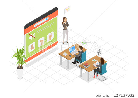 3D Isometric Flat Illustration of Sign Language Education, Disabled People Assistance 3D Isometric Flat Illustration of Sign Language Education, Disabled People Assistance 127137932