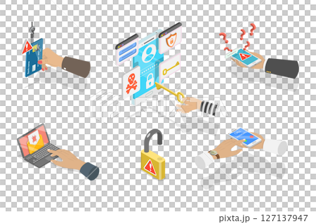 3D Isometric Flat  Set of Computer Hacking Scenes, Vulnerabilities Exploiting And Stealing Secure Data For Personal Gain 127137947