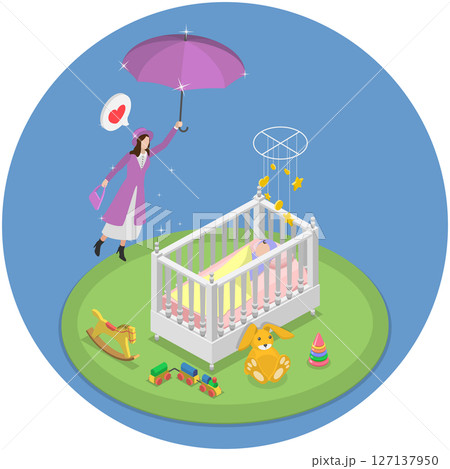 3D Isometric Flat  Illustration of Babysitter, Care for Baby 127137950