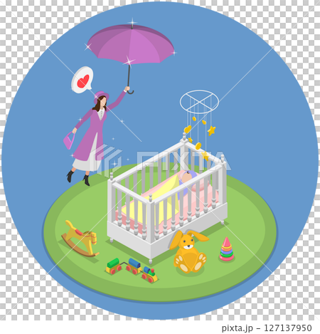 3D Isometric Flat  Illustration of Babysitter, Care for Baby 127137950