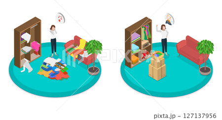 3D Isometric Flat  Illustration of Decluttering, Sell Arranged Clothes 127137956