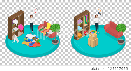 3D Isometric Flat  Illustration of Decluttering, Sell Arranged Clothes 127137956