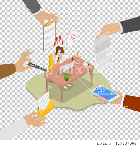 3D Isometric Flat  Illustration of Crying Stressed Business Woman, Employee Emotional Outburst 127137965