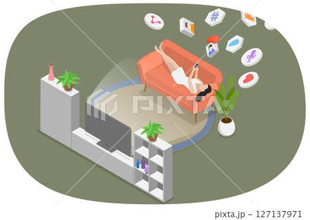 3D Isometric Flat  Illustration of Internet Addiction, Sedentary Lifestyle 127137971